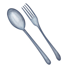 Watercolor illustration of metallic spoon and fork for camping on a white background. Steel kitchenware. Hand drawn