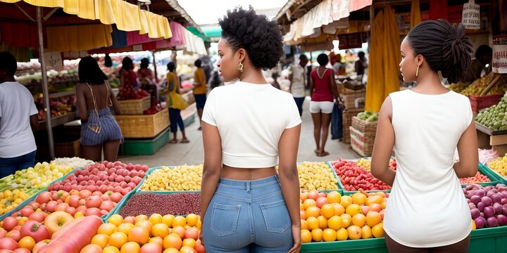Young afro american woman couple tending an organic vegetable stall at a farmers market and buying fresh vegetables from garden. Concept shopping, small business, sustainable production. Generative AI