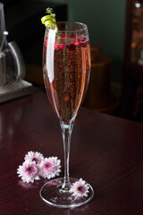 Champagne with fruit, strawberries and raspberries