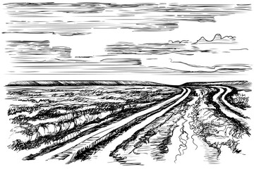 Simple hand-drawn vector drawing in black outline. Rural landscape, steppe road, farm fields, grass, bushes and trees on the horizon. Nature, summer. Ink sketch.
