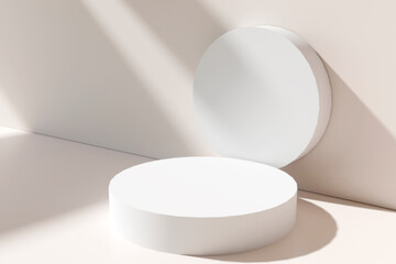 Empty stage and circle podiums on beige background and soft shadows . Pedestal for cosmetic product and packaging mockups display presentation, 3d render