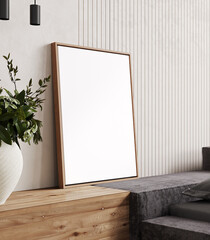 Mock up frame in light home interior background, bright room with minimal decor, 3d render