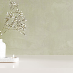 Minimal empty stone counter table top, plant and candle, on green stucco cement wall for luxury organic cosmetic, skincare, beauty treatment product background, 3d rendering