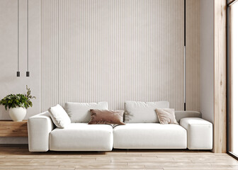 Cozy living room interior with couch, paneled wall and sideboard, Mockup wall, 3d rendering