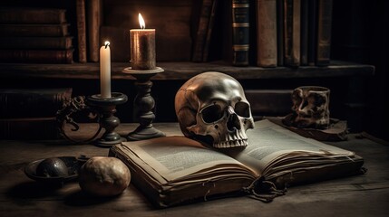 Rustic Wooden Table with Skull II - Generative AI