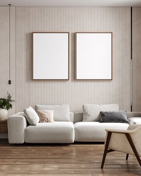 Two vertical poster frame mock up in scandinavian style living room interior, modern living room interior background, white sofa, 3d rendering