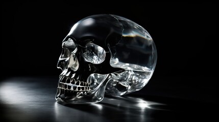 A crystal-clear, polished skull resting on a sleek minimalist pedestal - Generative AI