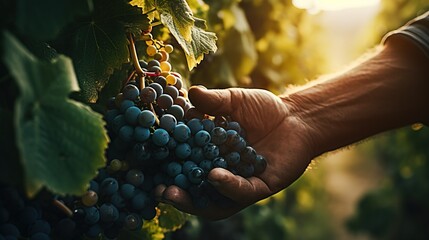 A Hand Picking Ripe Grapes in Vineyard - Generative AI