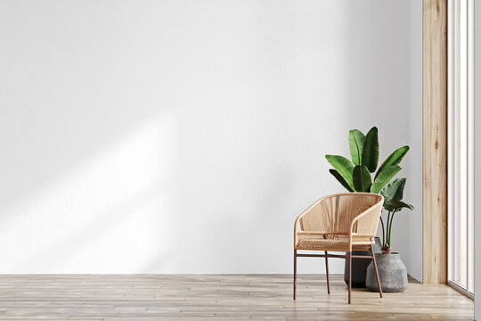 modern interior background for mock up with empty white wall, chair and plant, luxury living room interior background, scandinavian style, 3d rendering