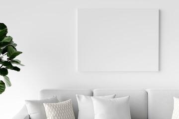Stylish interior of living room with design white sofa, mock up poster frame, decoration , carpet in elegant home decor. 3d render