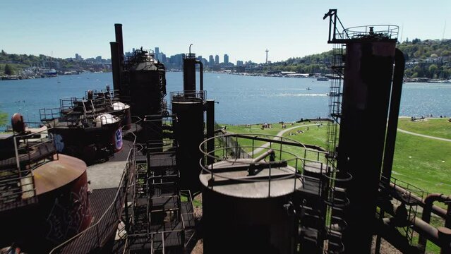 Drone Flying Through Gas Works Park Oil Refinery Equipment