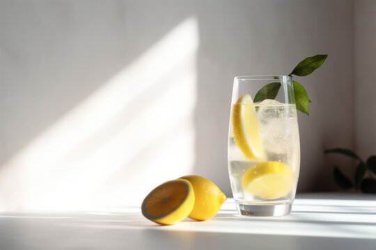 A glass of lemonade and lemon chunks on light background with copy space. Generative AI