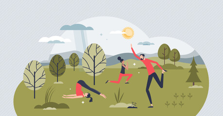 Yoga activity as outdoor physical activity for good posture tiny person concept. Stretching, strength exercises and wellness for healthy body vector illustration. Nature energy in workout session.