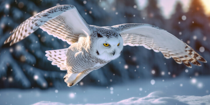Chouette Hibou Harfang des neiges en vol sous la neige