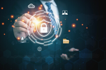 Firewall interface protection, and cyber security. Businessman touching virtual screen on a shield with padlock for protect personal data information. Technology protection private data.