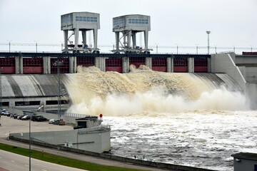 Obraz premium Hydroelectric power station on Daugava river. Plavinu HPP, Latvia Aizkraukle, Lots of water