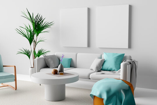 Stylish interior of living room with design white sofa, mock up poster frame,blue color , carpet in elegant home decor. 3d render