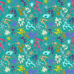 Fototapeta na wymiar Seamless abstract unique pattern with cartoon simple colorful elements