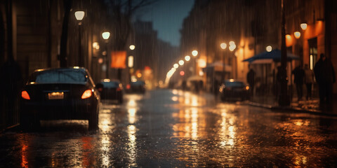 Fototapeta na wymiar rainy city street at night, Shallow depth of field. Generative AI