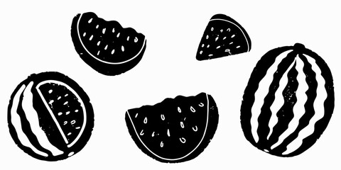 Watermelon. Grunge watermelon set, watermelon slices. Black set in linocut style. Hand drawn vector illustration. Elements for design