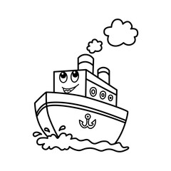 Funny ship cartoon characters vector illustration. For kids coloring book.