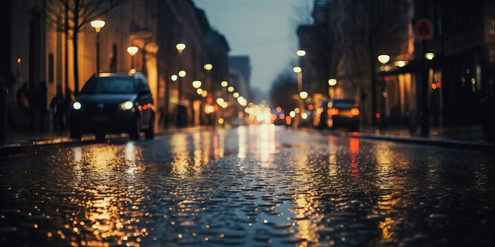 rainy city street at night, Shallow depth of field. Generative AI
