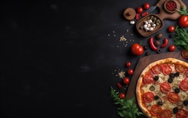 Fototapeta na wymiar Delicious Pizza black Background with Space for Text. generative ai