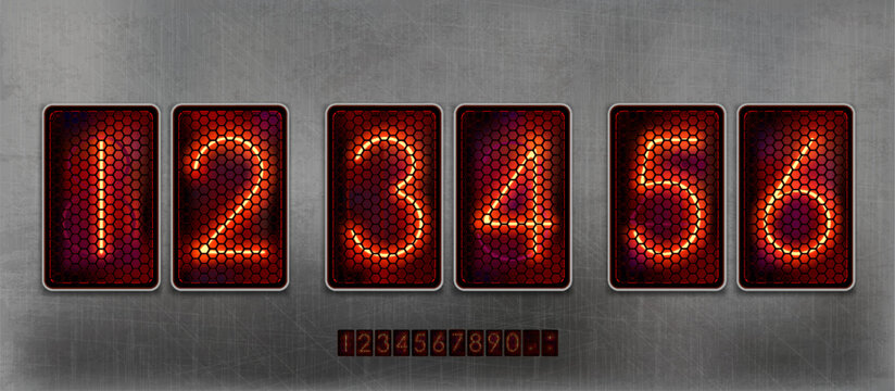 Retro clock with digital lamp glowing digits on a metallic background. Vector illustration
