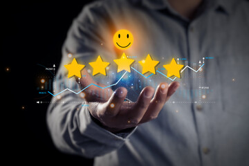 Businessman Hand  showing happy smile relax face and five star business success concept - 600801517