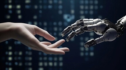 La main d'une femme s'apprête à toucher la main d'un Robot IA