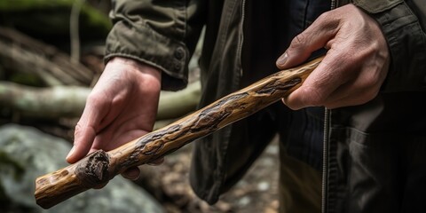 Hands expertly carve a wooden walking stick, crafting a unique and functional tool for a long hike through the wilderness, concept of Artistic handicraft, created with Generative AI technology