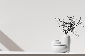 Dried bare curved tree branches in round vase on white background, Ikebana Style Still Life, 3D render