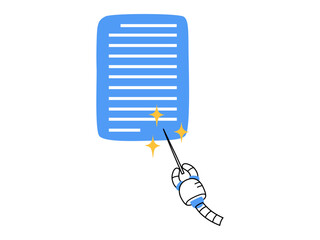 Hand drawn cute cartoon illustration of robot hand with magic wand and speech bubble. Flat vector artificial intelligence generates text in doodle style. Ai chatbot answers questions. Isolated.