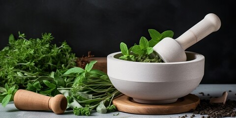 Mortar and pestle surrounded by vibrant, fresh herbs, set against a simple backdrop, illustrating the preparation of natural remedies, concept of Herbal medicine, created with Generative AI technology