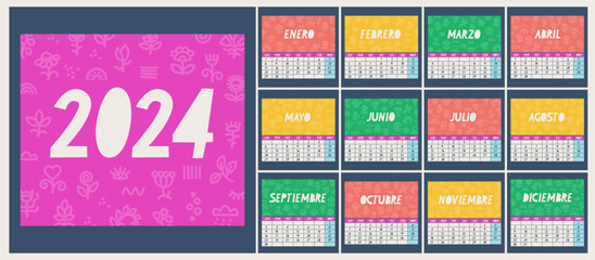 Calendar for 2024 in Spanish. The week starts on Monday. Cover of each month with floral flat background.