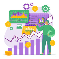 Business data analysis concept. Man financier marketer analyzing growth charts. Increase sales and skills. People analytics. Monitoring investment. Finance report graph. Information and diagrams