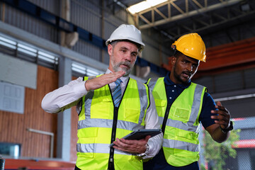 Plant manager visit engineer in factory at production line discuss on quality assurance improvement