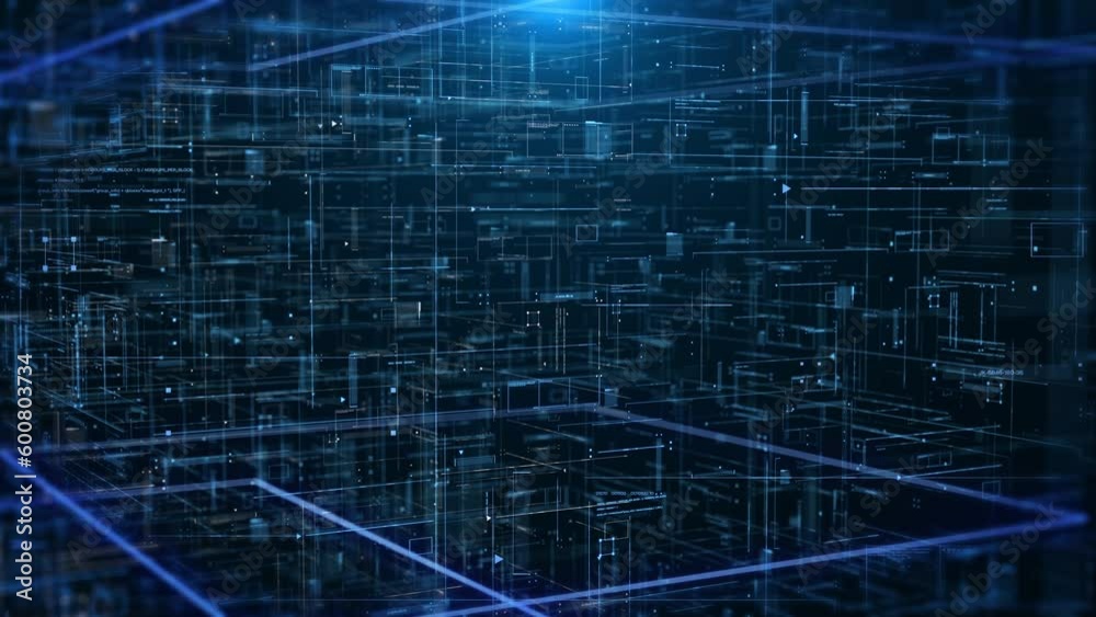 Poster Abstract technology background of hud digital 3d overlay layer moving, slide from bottom to top 4K motion background.