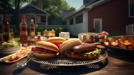 Backyard BBQ With Burgers And Sausages