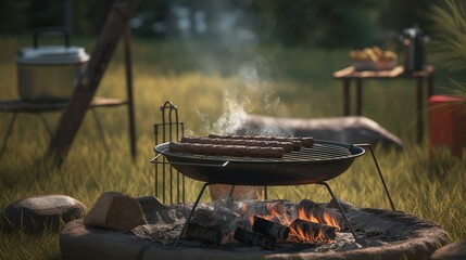 Camping BBQ With Sausage On Grill