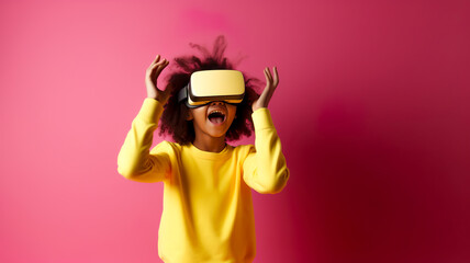 Child,kid wearing virtual reality VR headset with excited enjoying mood.innovation device for learning or imagination.generative ai technology