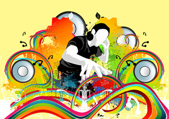 A DJ and many other musical elements make up this art work.