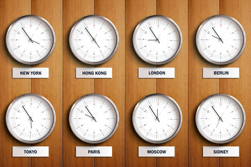 Clocks with time of different cities.