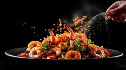Seafood, Professional cook prepares shrimps with sprigg beans. Cooking seafood, healthy vegetarian food and food on a dark background. Horizontal view. Eastern kitchen