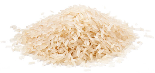 White rice. Heap of long raw rice isolated on white background.