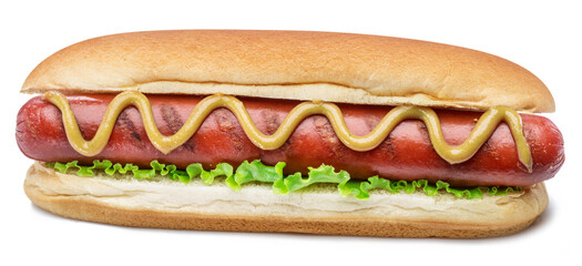 Hotdog with mustard and fresh lettuce isolated on white background.