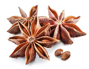 Anise star and aniseeds, spice with strong taste used in cooking, isolated on white background.