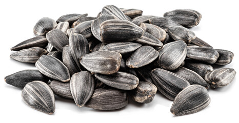 Pile of whole sunflower seeds isolated on white background.