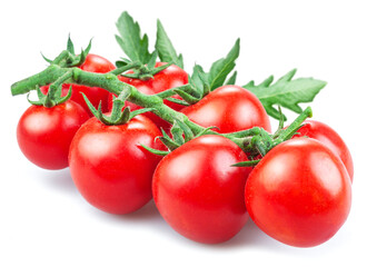 Ripe cherry tomatoes isolated on white background. Macro shot. Popular worldwide product as ingredient in many Mediterranean dishes.