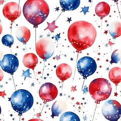 Pattern with watercolor balloons and stars on a white background, Generative Ai